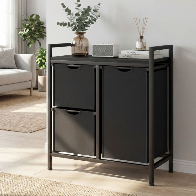 Coast Wasmand - Uitneembare Vakken - 75L capaciteit - 3 sorteervakken - Metalen frame - Oxford zakken - Zwart