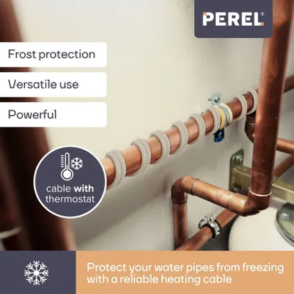 Perel Vorstbeschermingskabel – Voorzien Van Automatische Thermostaat En Ip68 Waterdichte Behuizing En Drie Warmtestanden – Voor Waterleidingen En Goten – Wit Polyethyleen – Twaalf Meter