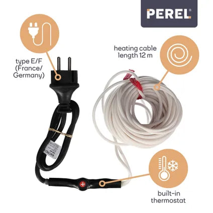 Perel Vorstbeschermingskabel – Voorzien Van Automatische Thermostaat En Ip68 Waterdichte Behuizing En Drie Warmtestanden – Voor Waterleidingen En Goten – Wit Polyethyleen – Twaalf Meter