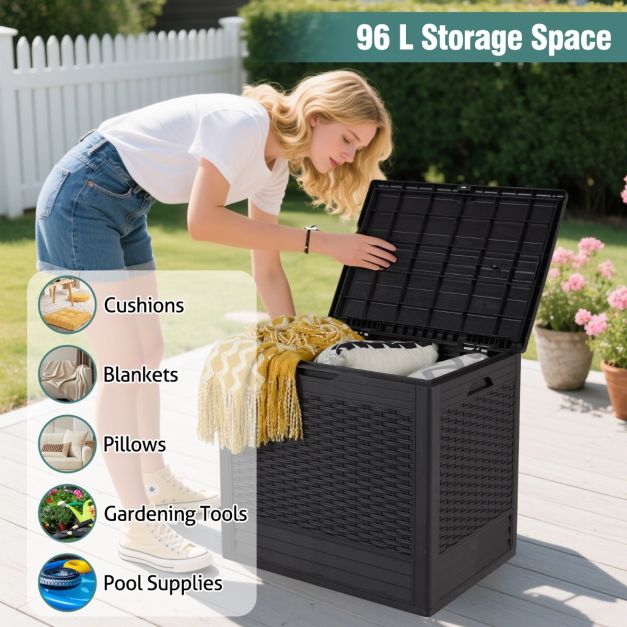 Coast - 96 L Opbergdoos Outdoor Kussenbox - PP-materiaal - 96L capaciteit - Weerbestendig - Rattanpatroon - Afsluitbaar deksel - Multifunctioneel (bijzettafel/zitplaats) - Bruin