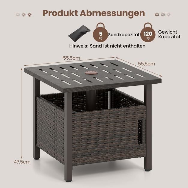 Coast Rattan Bijzettafel Gemengd Bruin – Weerbestendige Tuintafel met Parasolgat – 55,5 x 55,5 x 47,5 cm