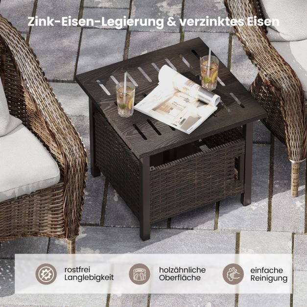 Coast Rattan Bijzettafel Gemengd Bruin – Weerbestendige Tuintafel met Parasolgat – 55,5 x 55,5 x 47,5 cm