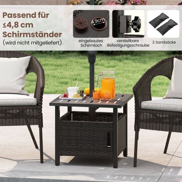 Coast Rattan Bijzettafel Gemengd Bruin – Weerbestendige Tuintafel met Parasolgat – 55,5 x 55,5 x 47,5 cm
