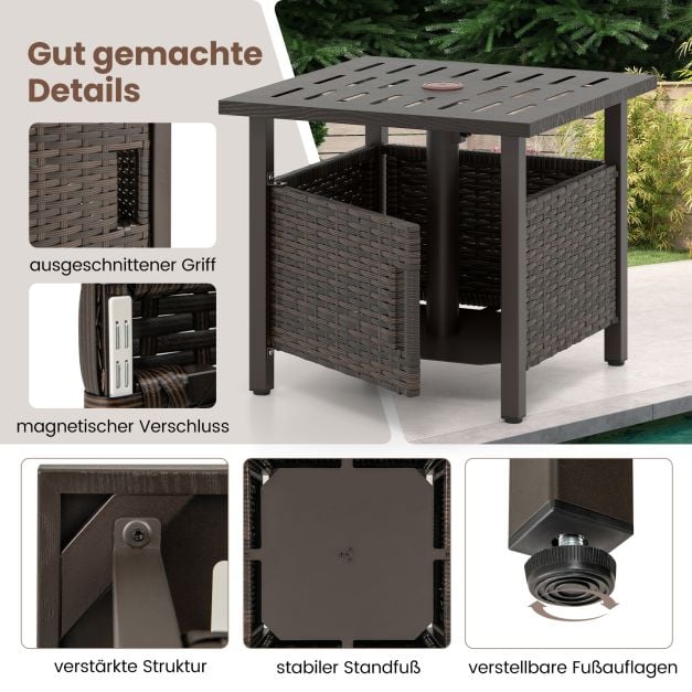 Coast Rattan Bijzettafel Gemengd Bruin – Weerbestendige Tuintafel met Parasolgat – 55,5 x 55,5 x 47,5 cm