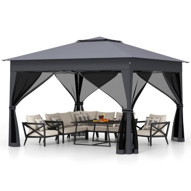 Coast Pop-up Partytent Grijs – Tuinpaviljoen met Dubbel Dak en Gaaswanden – 337 x 337 x 260 cm