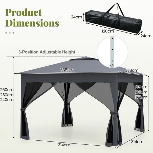 Coast Pop-up Partytent Grijs – Tuinpaviljoen met Dubbel Dak en Gaaswanden – 337 x 337 x 260 cm
