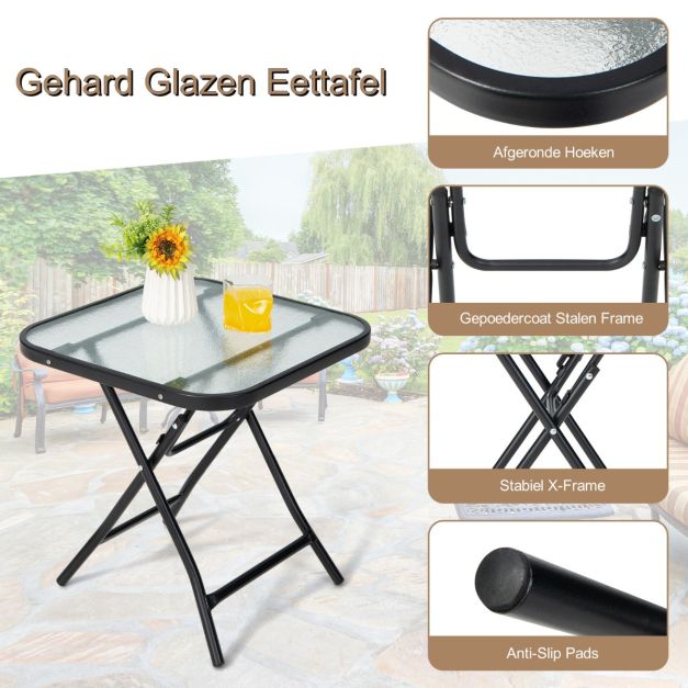 Coast Bijzettafel – Vierkant – Opvouwbaar – Glazen Tafelblad & RVS Frame – Zwart
