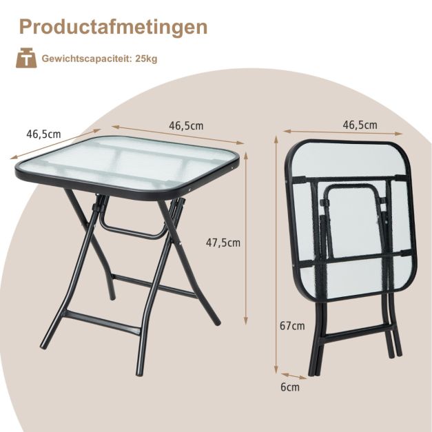 Coast Bijzettafel – Vierkant – Opvouwbaar – Glazen Tafelblad & RVS Frame – Zwart