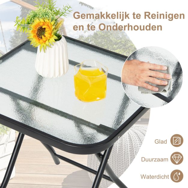 Coast Bijzettafel – Vierkant – Opvouwbaar – Glazen Tafelblad & RVS Frame – Zwart
