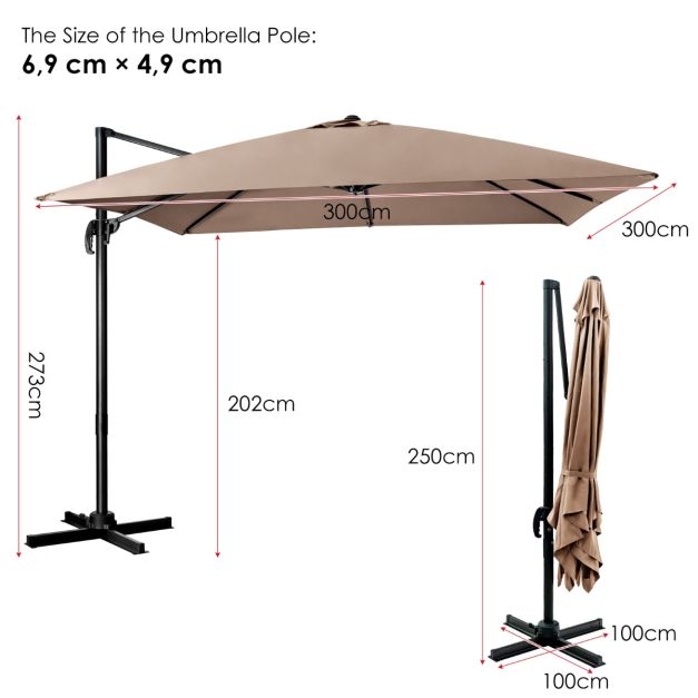Coast Zweefparasol – Kantelbaar & 360° Draaibaar – 300 x 300 x 273 cm – Koffiebruin