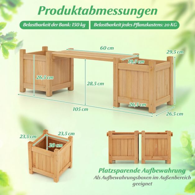 Coast Plantenbak met Tuinbank Houtkleur – Massief Houten Bloembak met 2 Zijbakken – 105 x 26,5 x 29,5 cm