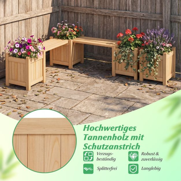 Coast Plantenbak met Tuinbank Houtkleur – Massief Houten Bloembak met 2 Zijbakken – 105 x 26,5 x 29,5 cm