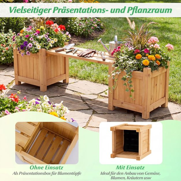Coast Plantenbak met Tuinbank Houtkleur – Massief Houten Bloembak met 2 Zijbakken – 105 x 26,5 x 29,5 cm