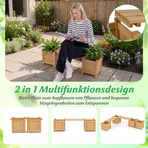 Coast Plantenbak met Tuinbank Houtkleur – Massief Houten Bloembak met 2 Zijbakken – 105 x 26,5 x 29,5 cm