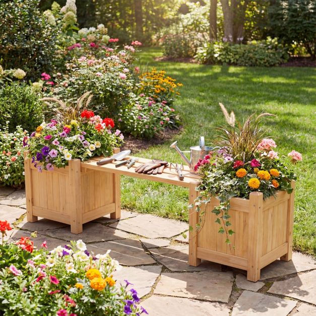 Coast Plantenbak met Tuinbank Houtkleur – Massief Houten Bloembak met 2 Zijbakken – 105 x 26,5 x 29,5 cm