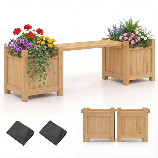 Coast Plantenbak met Tuinbank Houtkleur – Massief Houten Bloembak met 2 Zijbakken – 105 x 26,5 x 29,5 cm