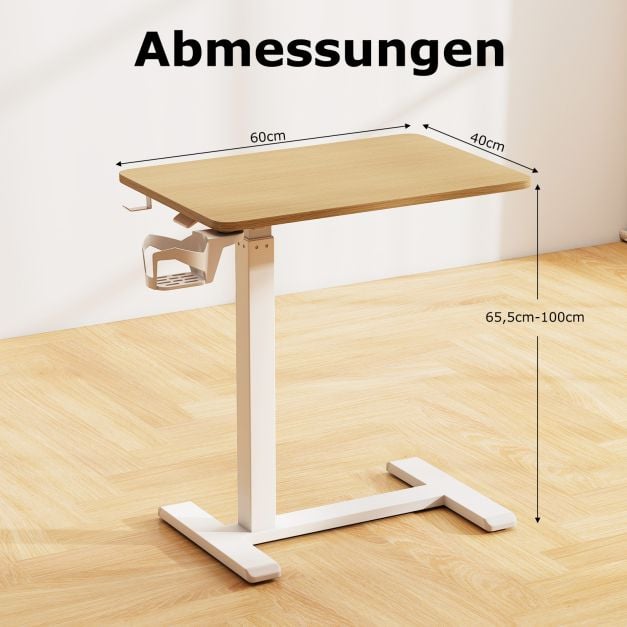 Coast Bedtafel Naturel – Verrijdbare In Hoogte Verstelbare Bijzettafel met Bekerhouder – 60 x 40 x 65,5-100 cm