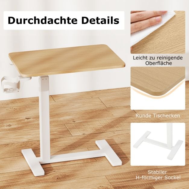 Coast Bedtafel Naturel – Verrijdbare In Hoogte Verstelbare Bijzettafel met Bekerhouder – 60 x 40 x 65,5-100 cm