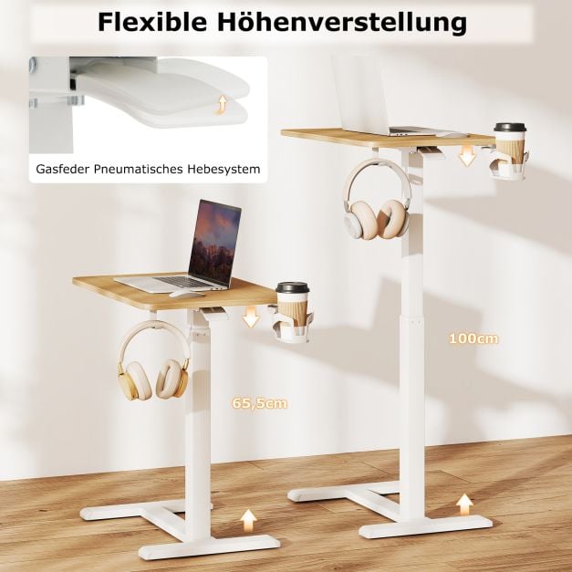 Coast Bedtafel Naturel – Verrijdbare In Hoogte Verstelbare Bijzettafel met Bekerhouder – 60 x 40 x 65,5-100 cm