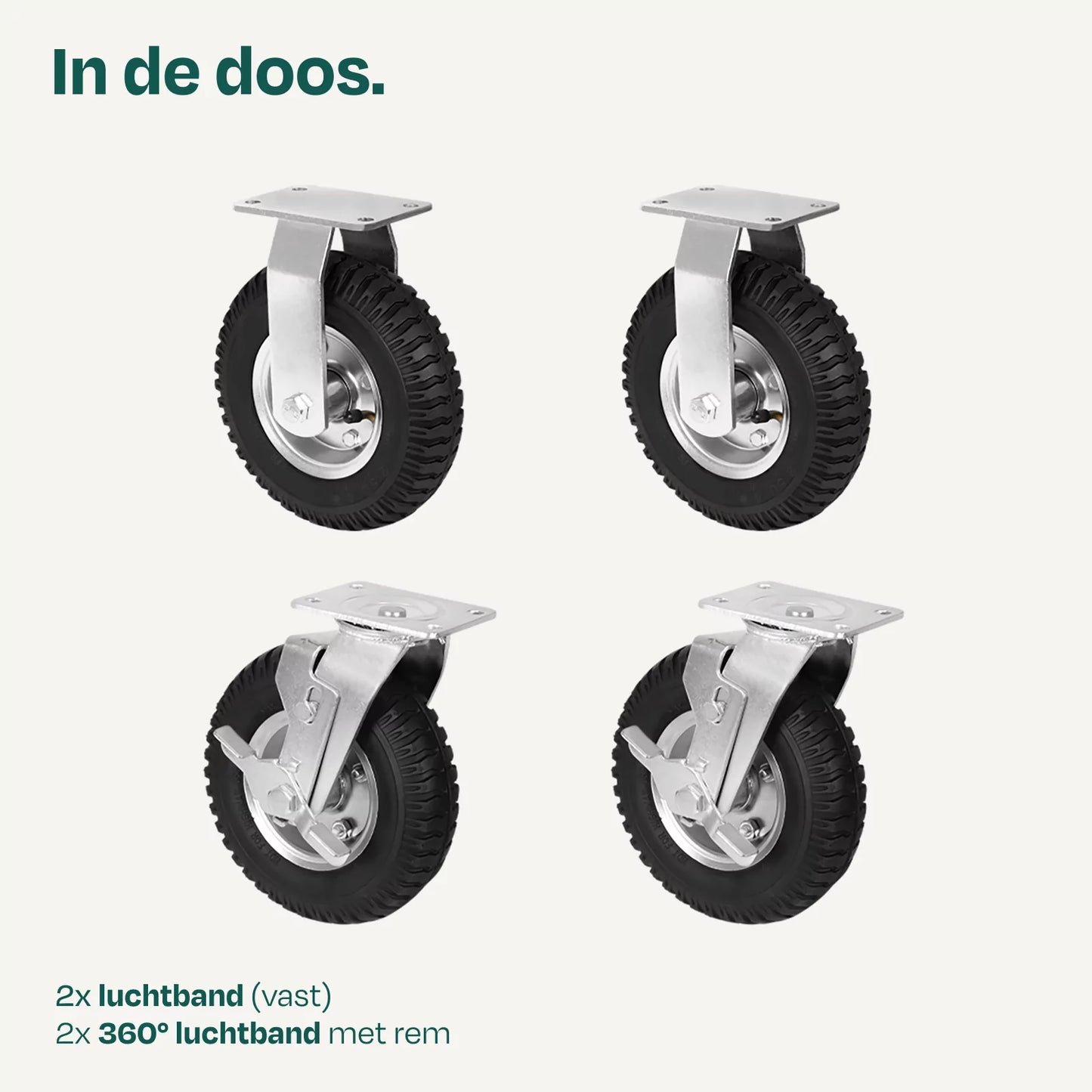 Wielen met luchtbanden - Set van 4 - Voor Plateauwagen TT503XX - Transportwielen - Comfortabel & Schokdempend