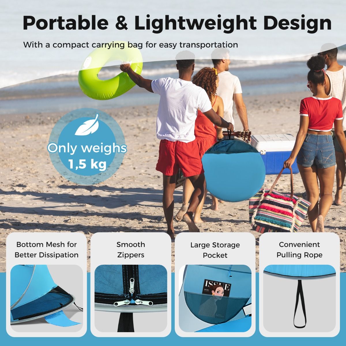 Coast Pop-Up Strandtent Zonneschermtent voor 3-4 Personen – UPF 50+ Zilveren Coating – 220 x 159 x 115 cm – Blauw
