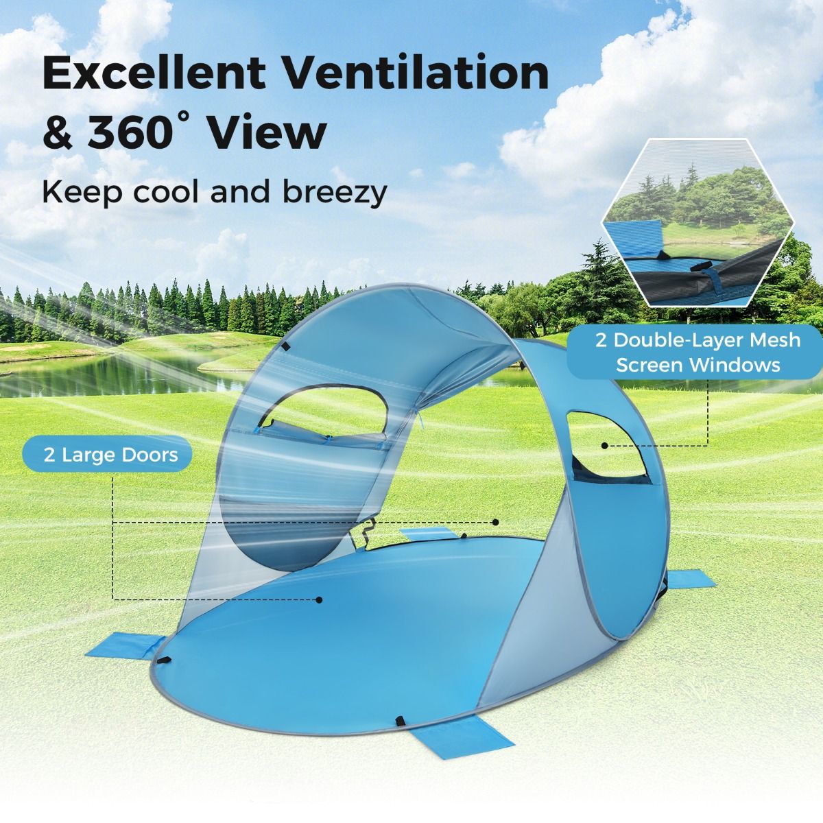 Coast Pop-Up Strandtent Zonneschermtent voor 3-4 Personen – UPF 50+ Zilveren Coating – 220 x 159 x 115 cm – Blauw