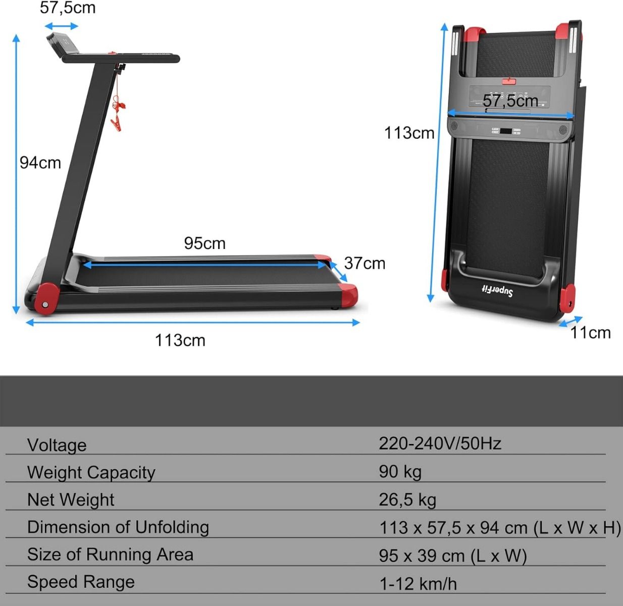 Coast Loopband Met Bluetooth - 1-12 km/u - Inklapbaar - 113 x 57,5 x 94 cm - Rood/Zwart