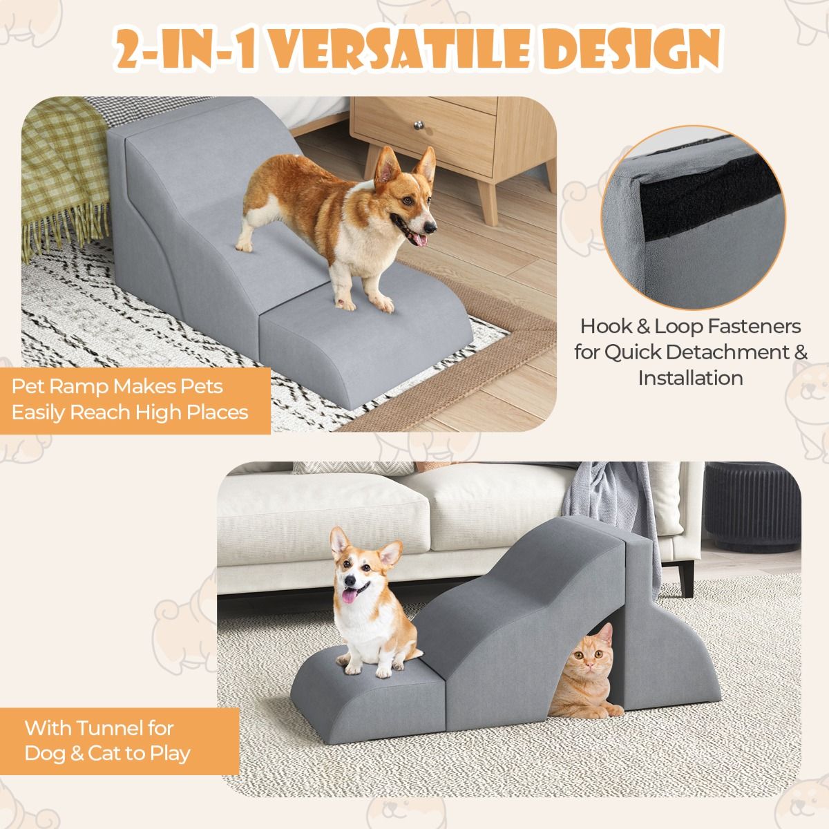 Coast Extra Brede Schuimrubberen Oprijplaat voor Huisdieren 2-in-1 met 3 Niveaus – Antislip – Grijs – 97 x 40 x 40 cm