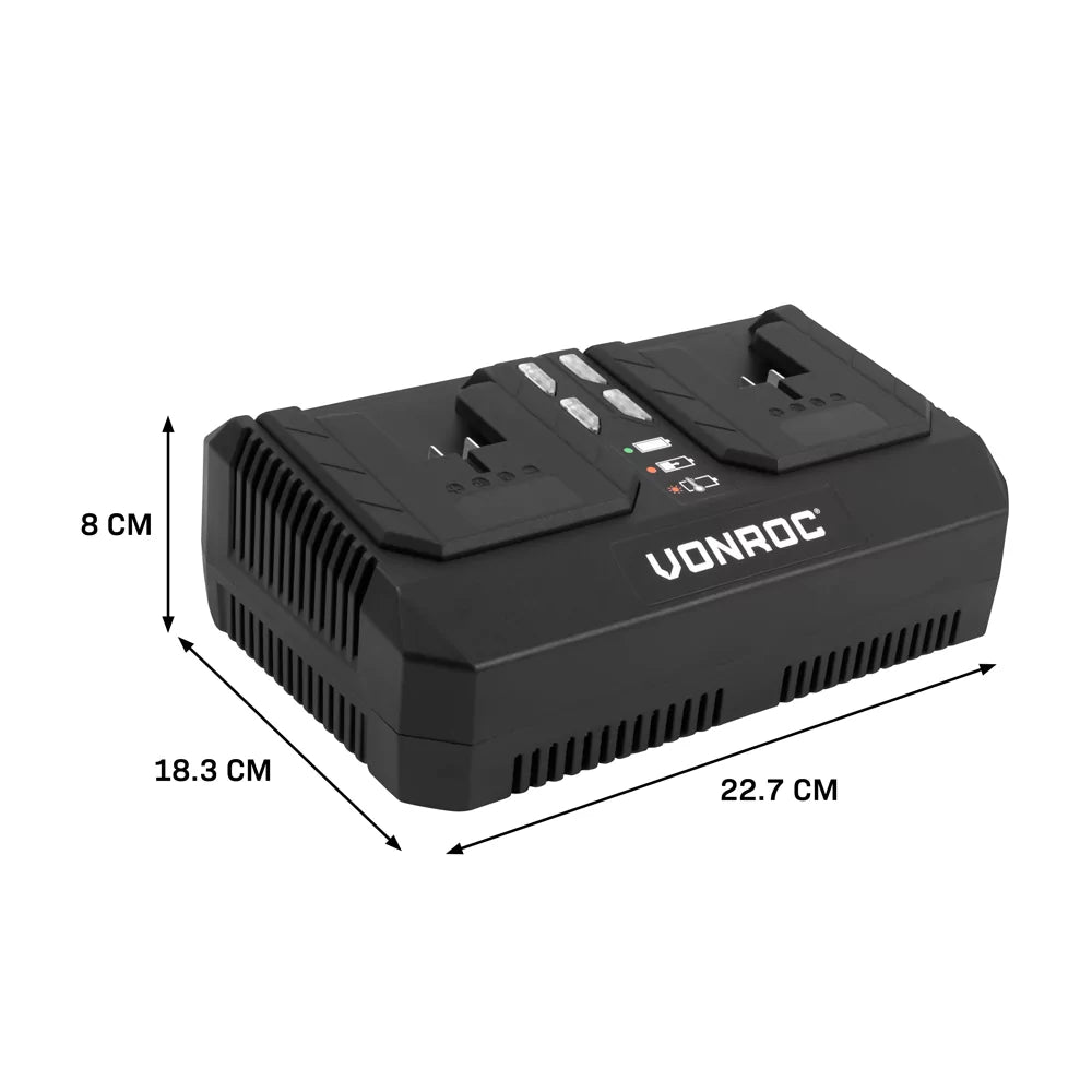 Vonroc VPower Dual Quick Charger 20V – 88W – 4.0A – Snellader voor 20V Batterijen