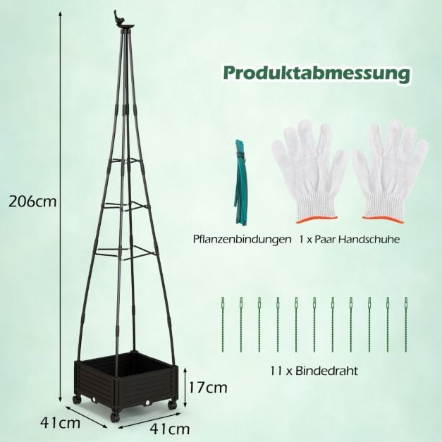 Coast Plantensteun met Bloembak Zwart – Verrijdbare Tuinobelisk met Klimrek en Wielen – 41 x 41 x 206 cm