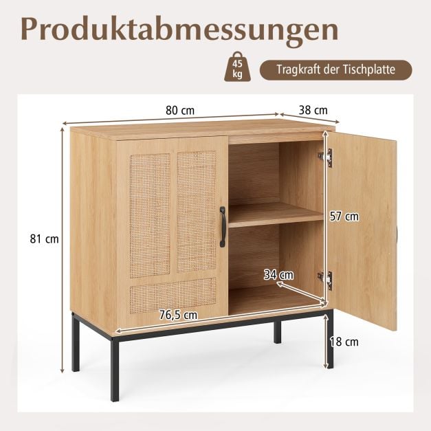 Coast Rattan Dressoir Naturel – Boho Opbergkast met 2 Deuren en Verstelbaar Legbord – 80 x 38 x 81 cm