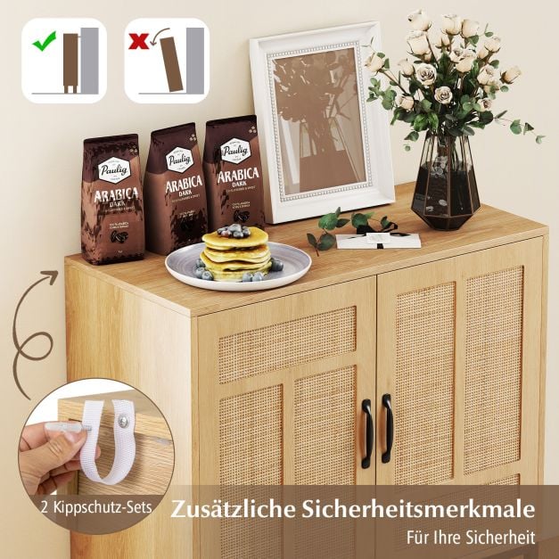 Coast Rattan Dressoir Naturel – Boho Opbergkast met 2 Deuren en Verstelbaar Legbord – 80 x 38 x 81 cm