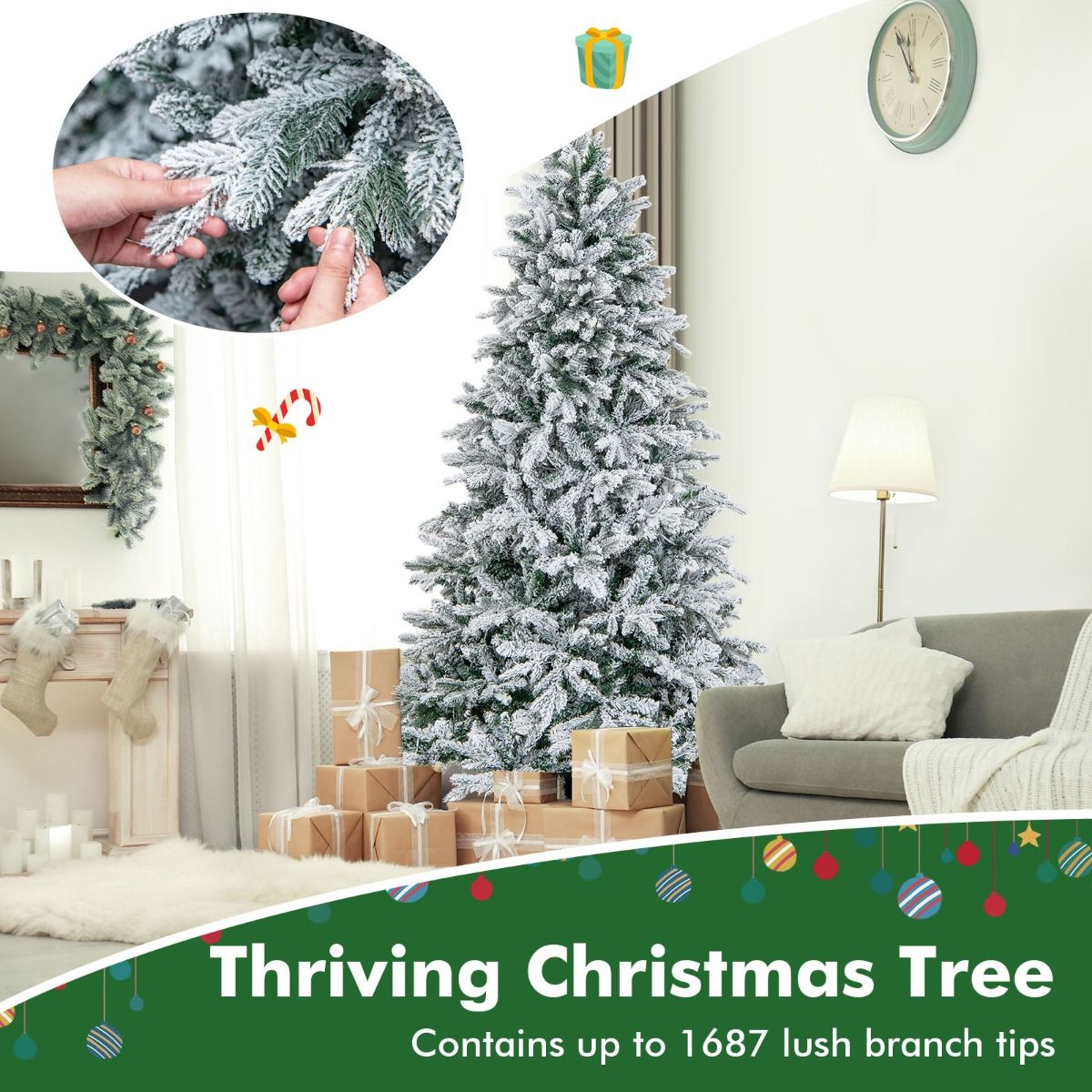 Coast kunstkerstboom 210 cm – geflockt winterdesign – 1684 takpunten – 300 warmwitte ledlampjes – scharnierend – wit/groen
