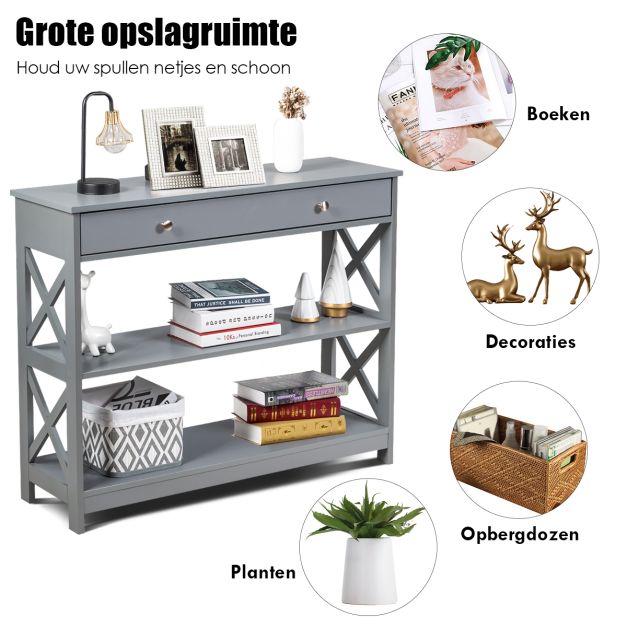 Coast Consoletafel 3-Laags – Houten Haltafel met Lade 100 x 30 x 80 cm – Grijs