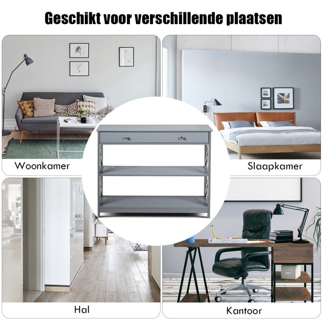 Coast Consoletafel 3-Laags – Houten Haltafel met Lade 100 x 30 x 80 cm – Grijs