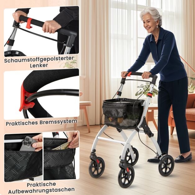 Coast Rollator Wit/Zwart – Smalle Opvouwbare Loopwagen met Dienblad, Mand en Remmen – 68 x 53 x 90-103 cm