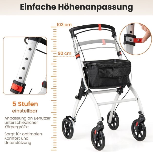 Coast Rollator Wit/Zwart – Smalle Opvouwbare Loopwagen met Dienblad, Mand en Remmen – 68 x 53 x 90-103 cm