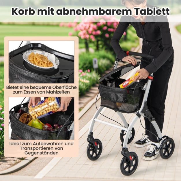 Coast Rollator Wit/Zwart – Smalle Opvouwbare Loopwagen met Dienblad, Mand en Remmen – 68 x 53 x 90-103 cm