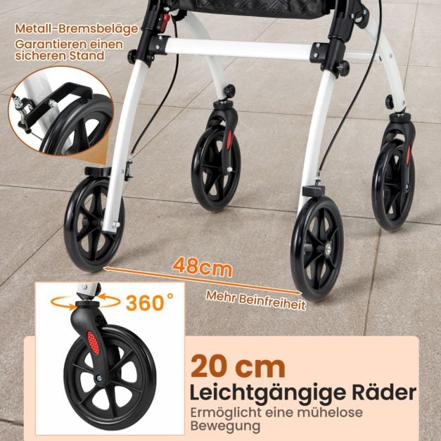 Coast Rollator Wit/Zwart – Smalle Opvouwbare Loopwagen met Dienblad, Mand en Remmen – 68 x 53 x 90-103 cm