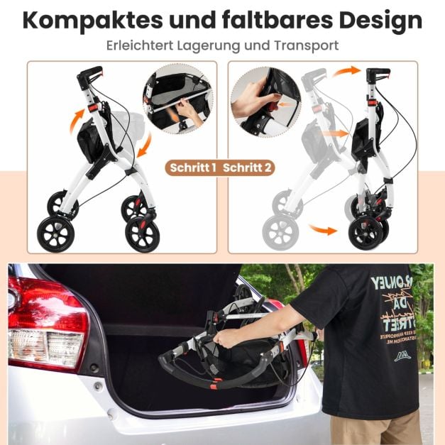 Coast Rollator Wit/Zwart – Smalle Opvouwbare Loopwagen met Dienblad, Mand en Remmen – 68 x 53 x 90-103 cm