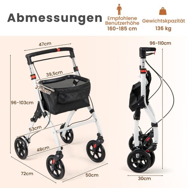 Coast Rollator Wit/Zwart – Smalle Opvouwbare Loopwagen met Dienblad, Mand en Remmen – 68 x 53 x 90-103 cm