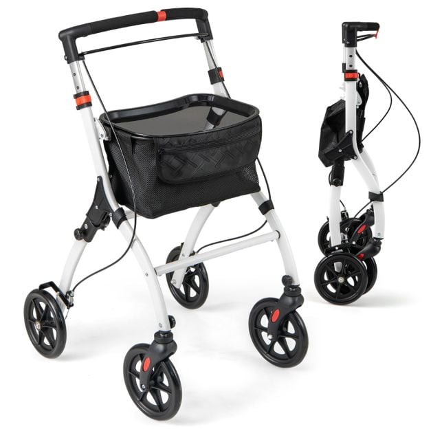 Coast Rollator Wit/Zwart – Smalle Opvouwbare Loopwagen met Dienblad, Mand en Remmen – 68 x 53 x 90-103 cm