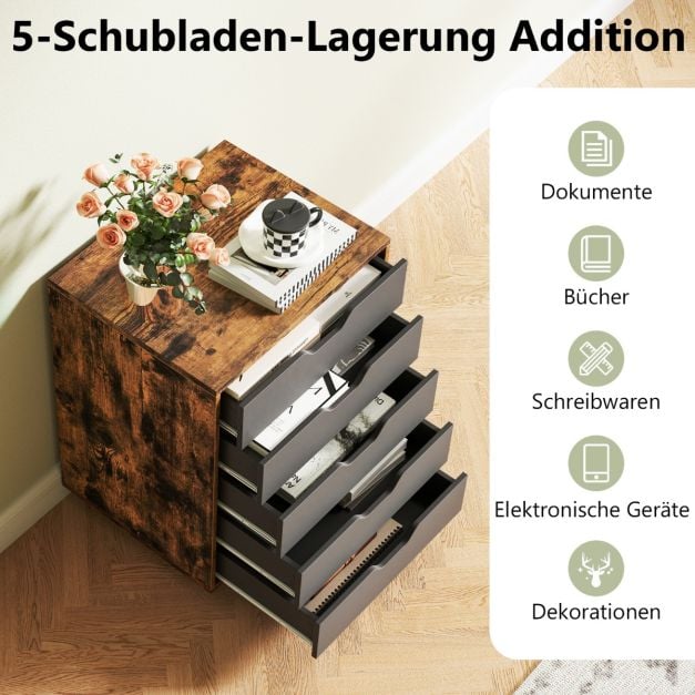Coast Rolkast Rustiek Bruin/Zwart – Verrijdbare Archiefkast met 5 Lades – 49 x 40 x 65 cm