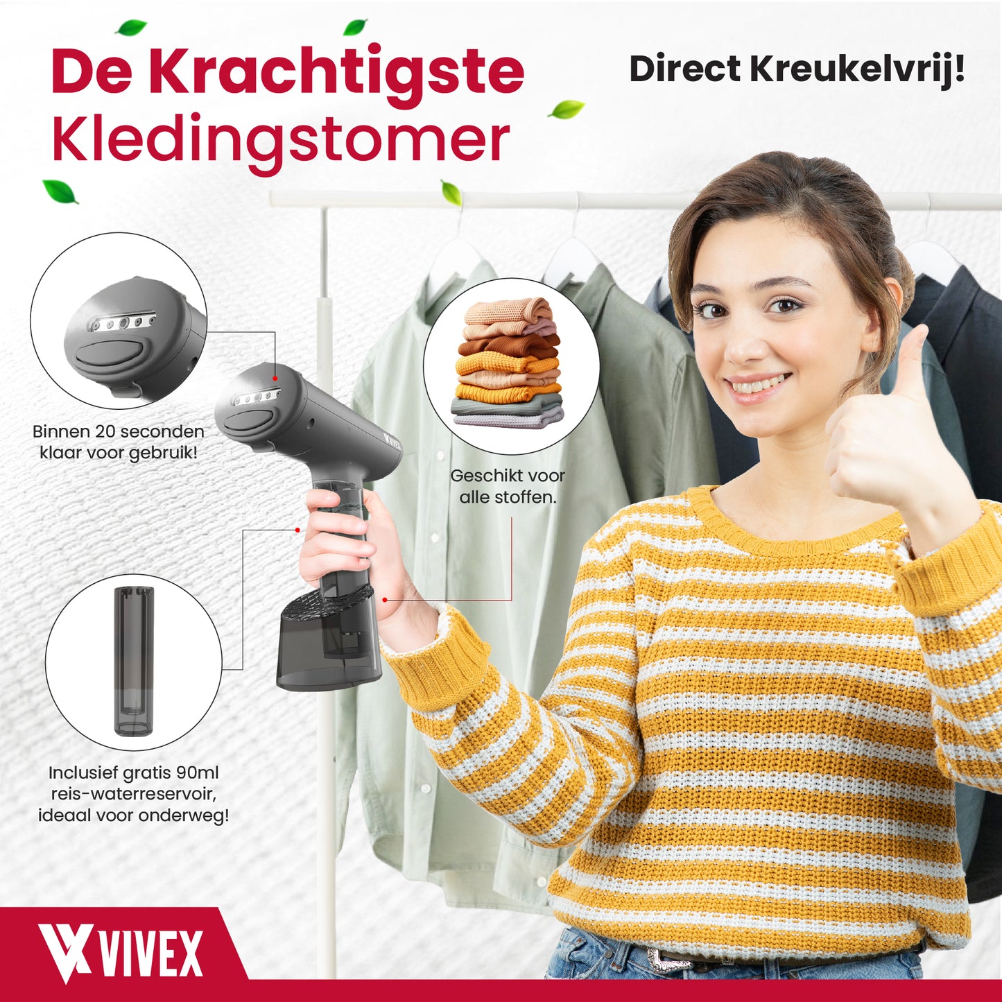 Vivex® Kledingstomer - Handstomer voor Kleding en Meubilair - Stoomapparaat - Gratis Opzetstuk + Extra Reservoir