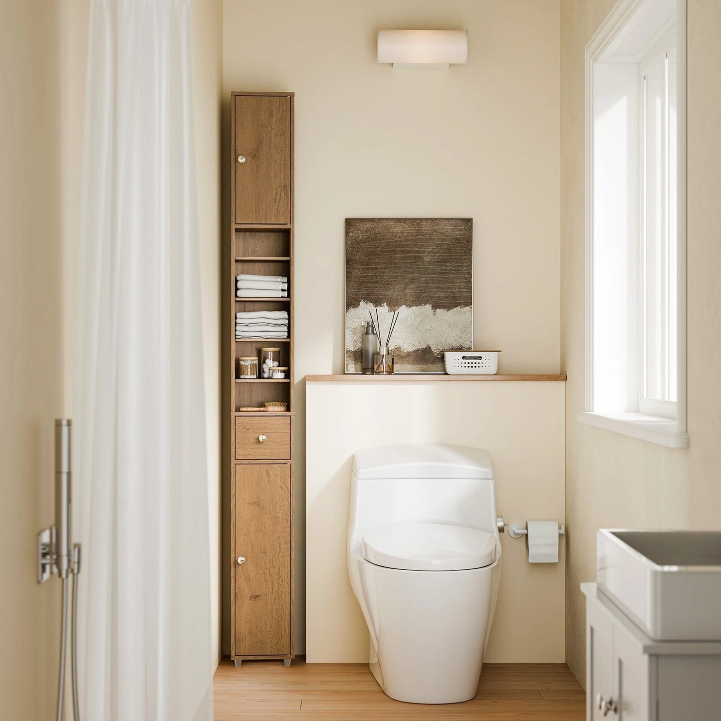 SoBuy Badkamerkast - Smalle Hoge Kast - Bruin - 180cm