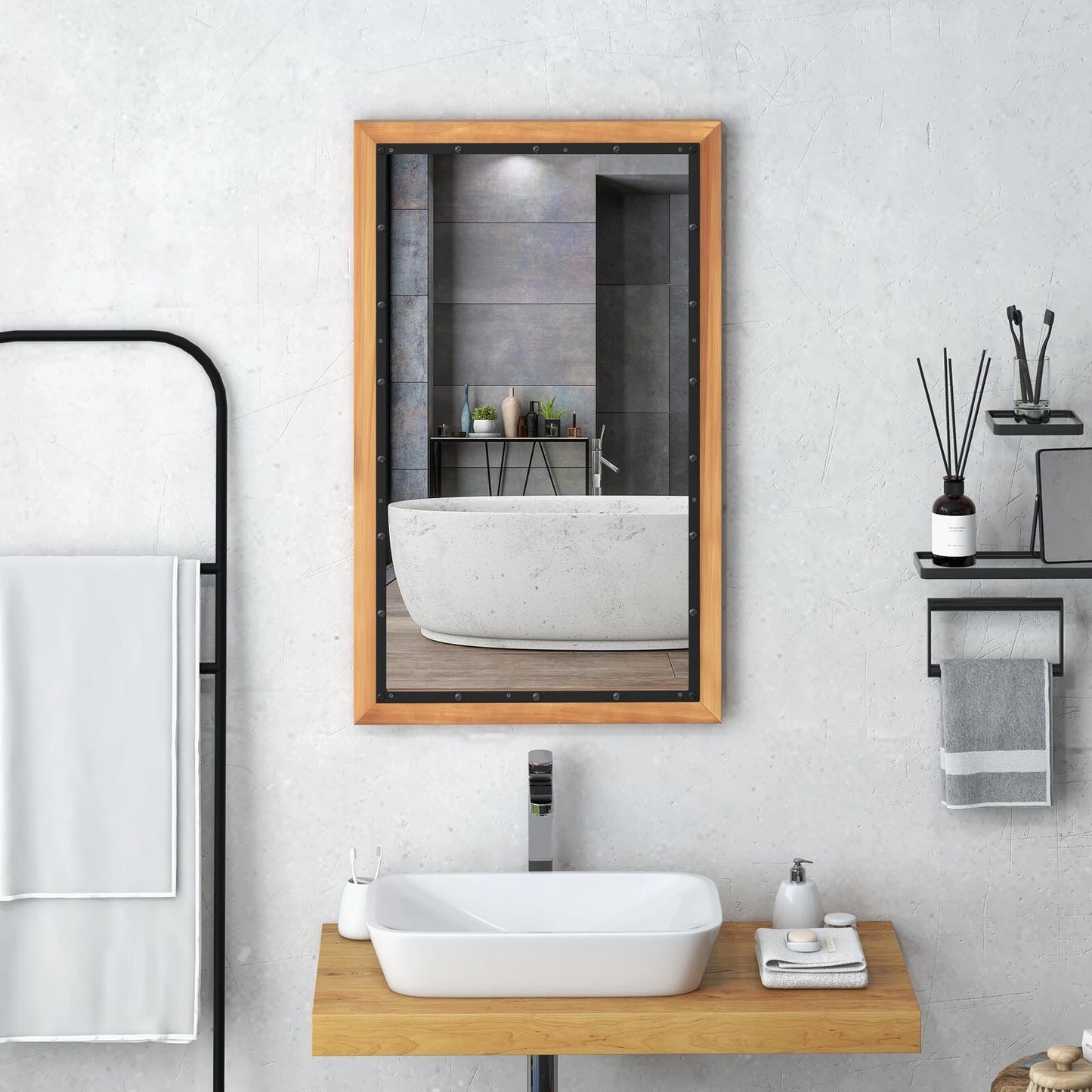 Rustieke Houten Spiegel Decoratieve Wandspiegel met Rechthoekig Frame en Achterpaneel 50 x 90 CM voor Woonkamer Slaapkamer Hal