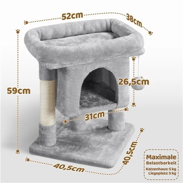 Yaheetech Kattenkrabpaal 60x40x40 cm - Donkergrijs - 2-Laags Kattenboom met Brede Ligplek en Krabpalen