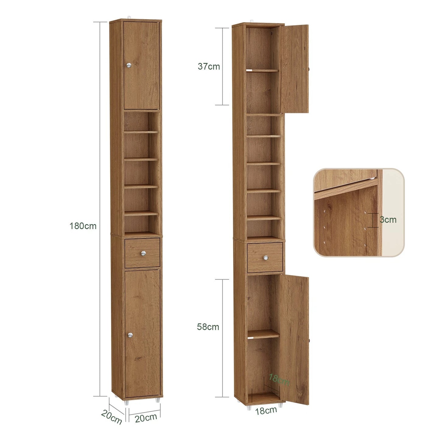 SoBuy Badkamerkast - Smalle Hoge Kast - Bruin - 180cm