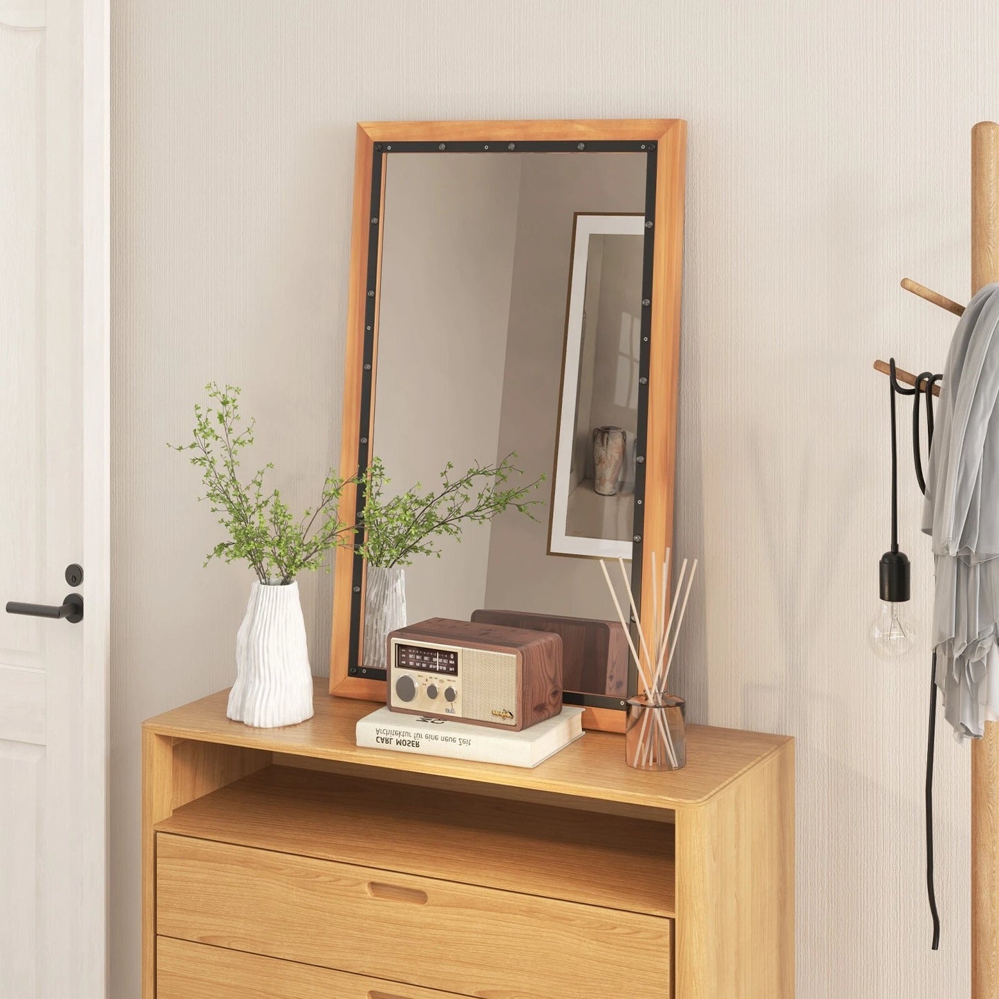 Rustieke Houten Spiegel Decoratieve Wandspiegel met Rechthoekig Frame en Achterpaneel 50 x 90 CM voor Woonkamer Slaapkamer Hal