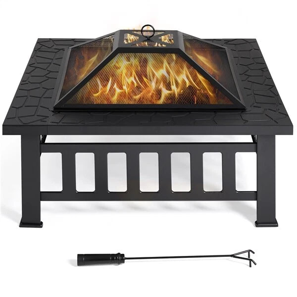 Yaheetech Vuurschaal Buiten Vierkant – Voorzien Van Vonkenscherm En Pook En Waterdichte Hoes – Voor Tuin En Terras – Zwart Metaal – 81,2 x 81,2 x 50 cm